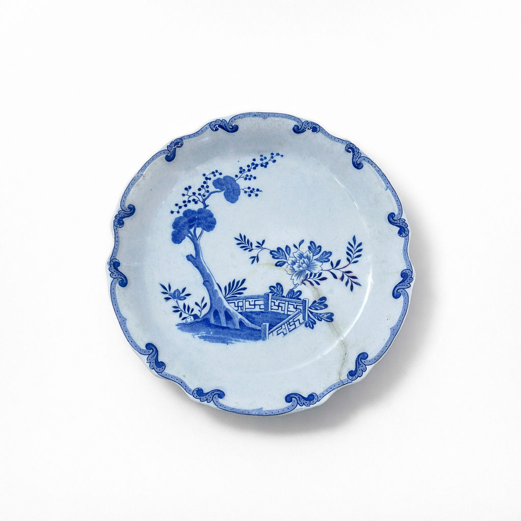 grand plat rond en terre de fer Creil-Montereau bleue à décor chinoisant  32,5 cm