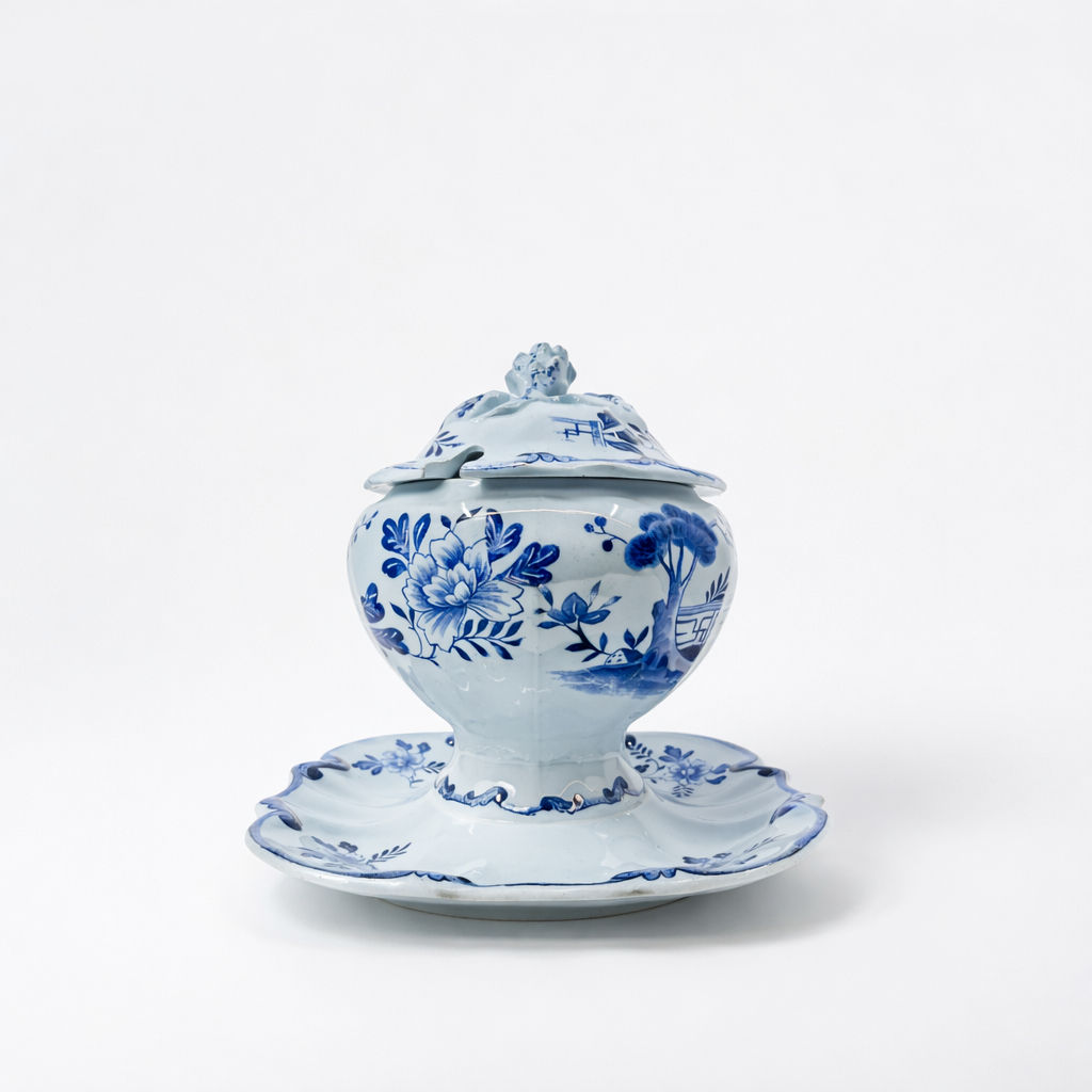 moutardier en terre de fer Creil-Montereau bleue à décor chinoisant 20 X 22,5 X 22,5 cm