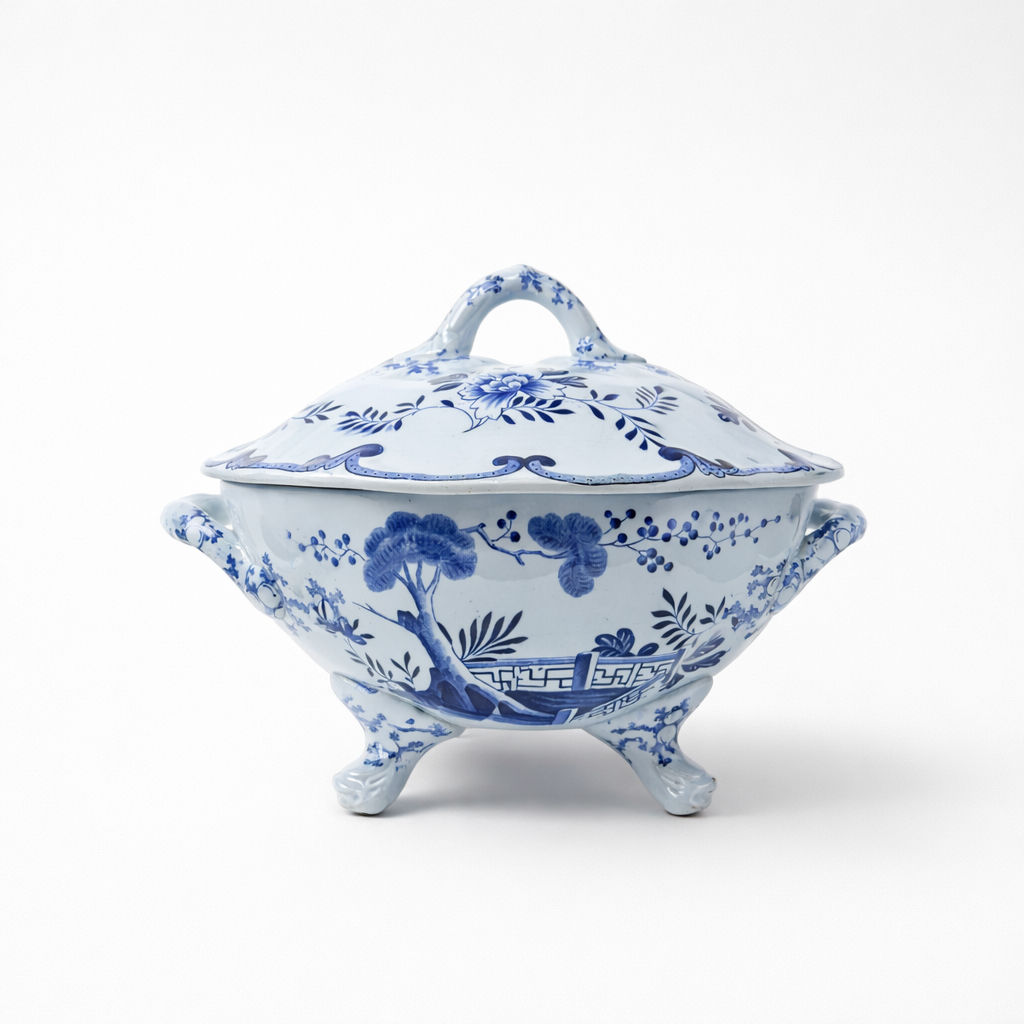 soupière en terre de fer Creil-Montereau bleue à décor chinoisant 24 X 33,5 X 24,5 cm