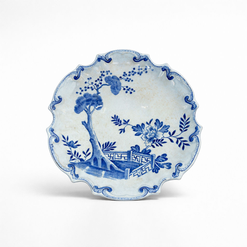 compotier en  terre de fer  Creil-Montereau bleue à décor chinoisant  14,5 X 24 X 26 cm