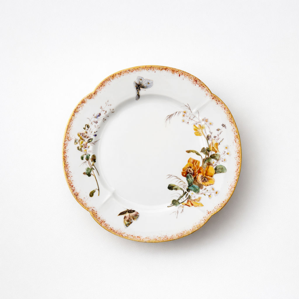 plat rond en porcelaine Limoges William Guerin & Cie à décor de fleurs polychromes et papillon liseré doré D 29 cm