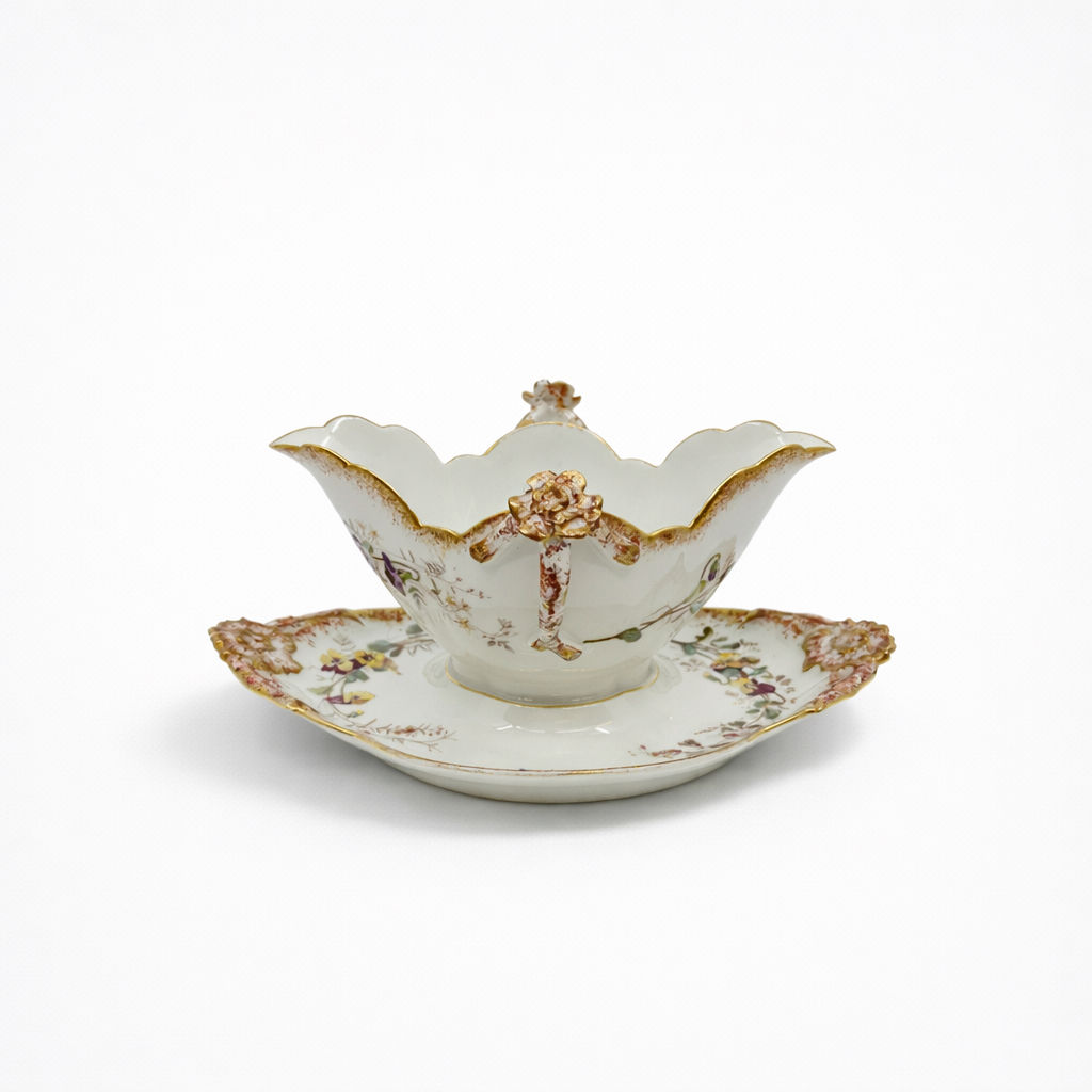 saucière en porcelaine Limoges William Guerin & Cie à décor de fleurs polychromes liseré doré anses fleuries