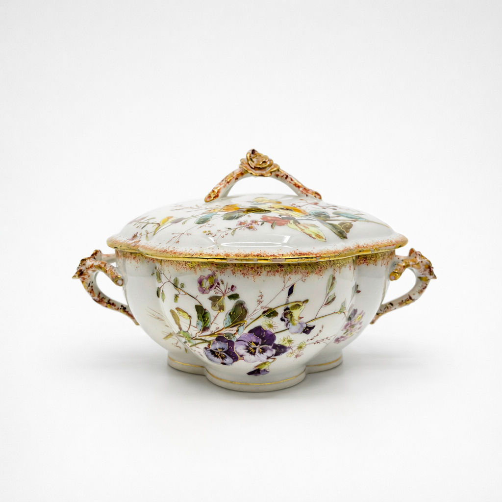 légumier en porcelaine Limoges William Guerin & Cie à décor de fleurs polychromes et papillon liseré doré