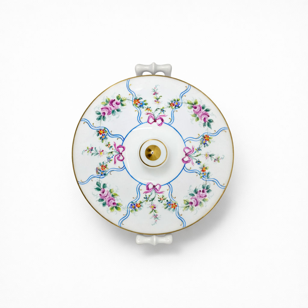 légumier en porcelaine Limoges à décor de noeuds guirlande de fleurs et liseré doré H 15 x L 26 x D 22 cm