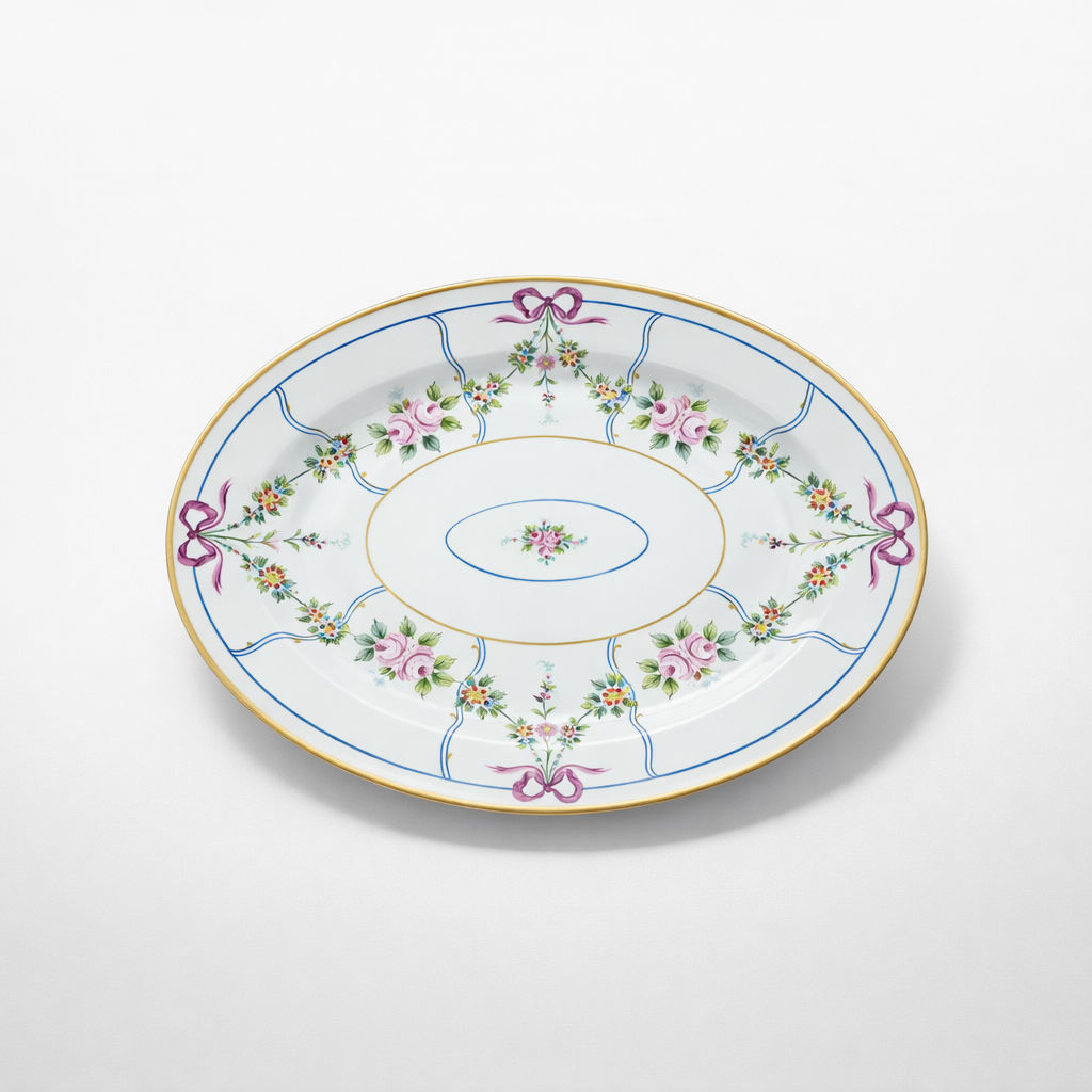 plat ovale en porcelaine Limoges à décor de noeuds guirlande de fleurs et liseré doré L 40,5 x P 31,5 cm