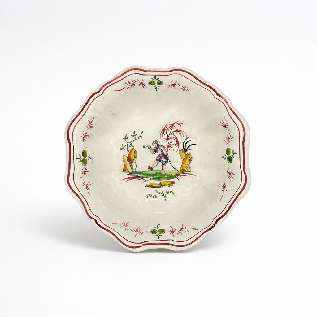 saladier en faience à décor de personnages chinoisants filets bordeaux 8,5 X 28 cm