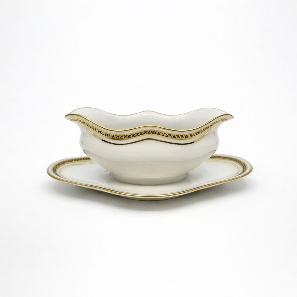 saucière en porcelaine Limoges Touze Lemaître Frères & Blancher à décor doré de frise grecque et liseré 8,8 x 25 X 15,5