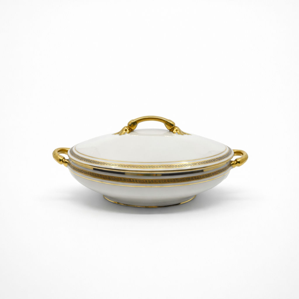 légumier en porcelaine Limoges Touze Lemaître Frères & Blancher à décor doré de frise grecque et liseré 13,5 X 31 X 17,5