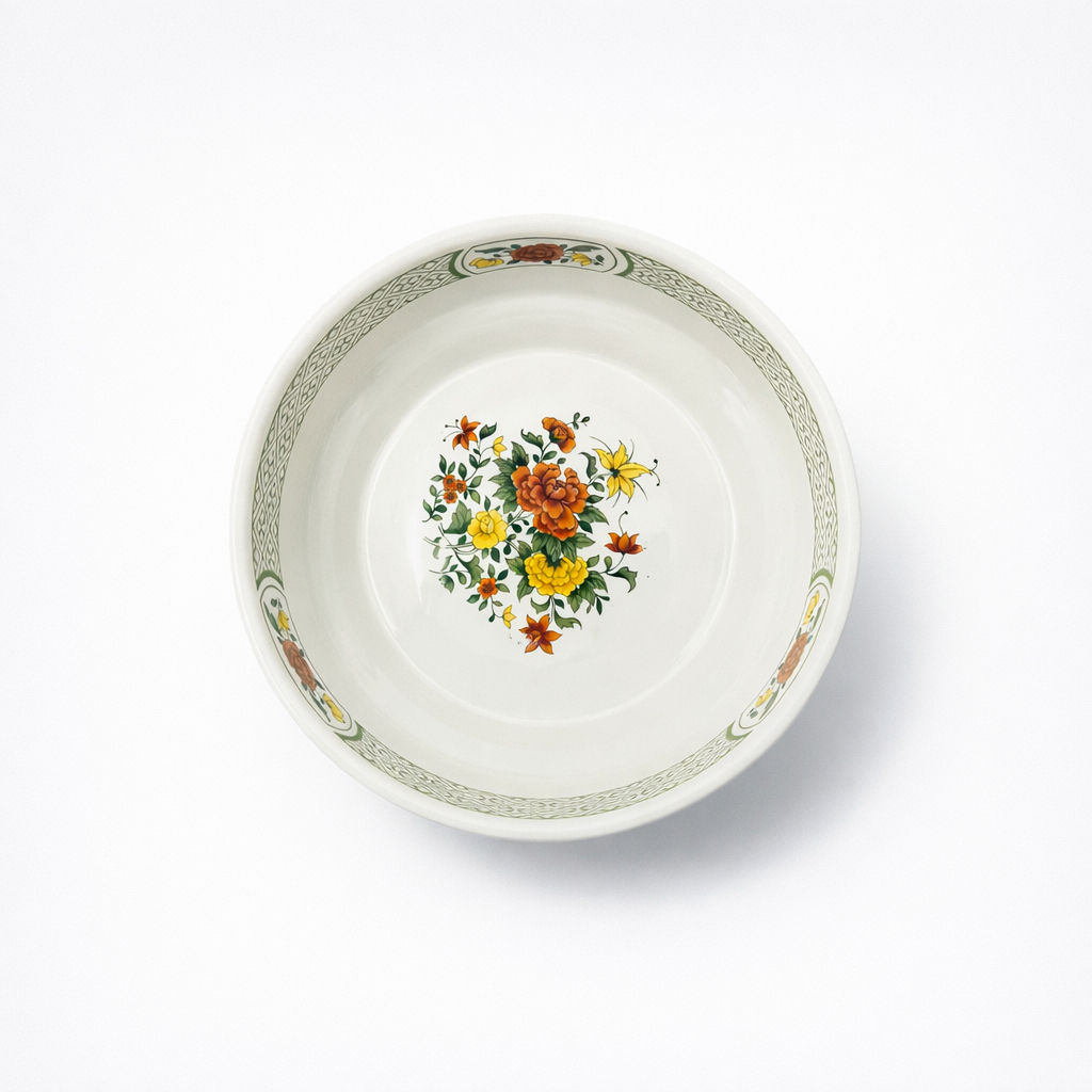 saladier en porcelaine Villeroy & Roy modèle Summerday à décor de fleurs jaunes et orange liseré vert 8,8 X 21,4 cm