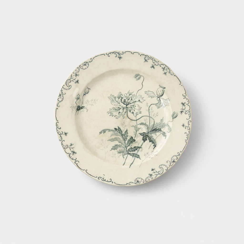 assiette montée en faïence terre de fer H. Boulenger & Cie modèle Pavots décors fleurs et acanthes H 5 x D 23,4 cm