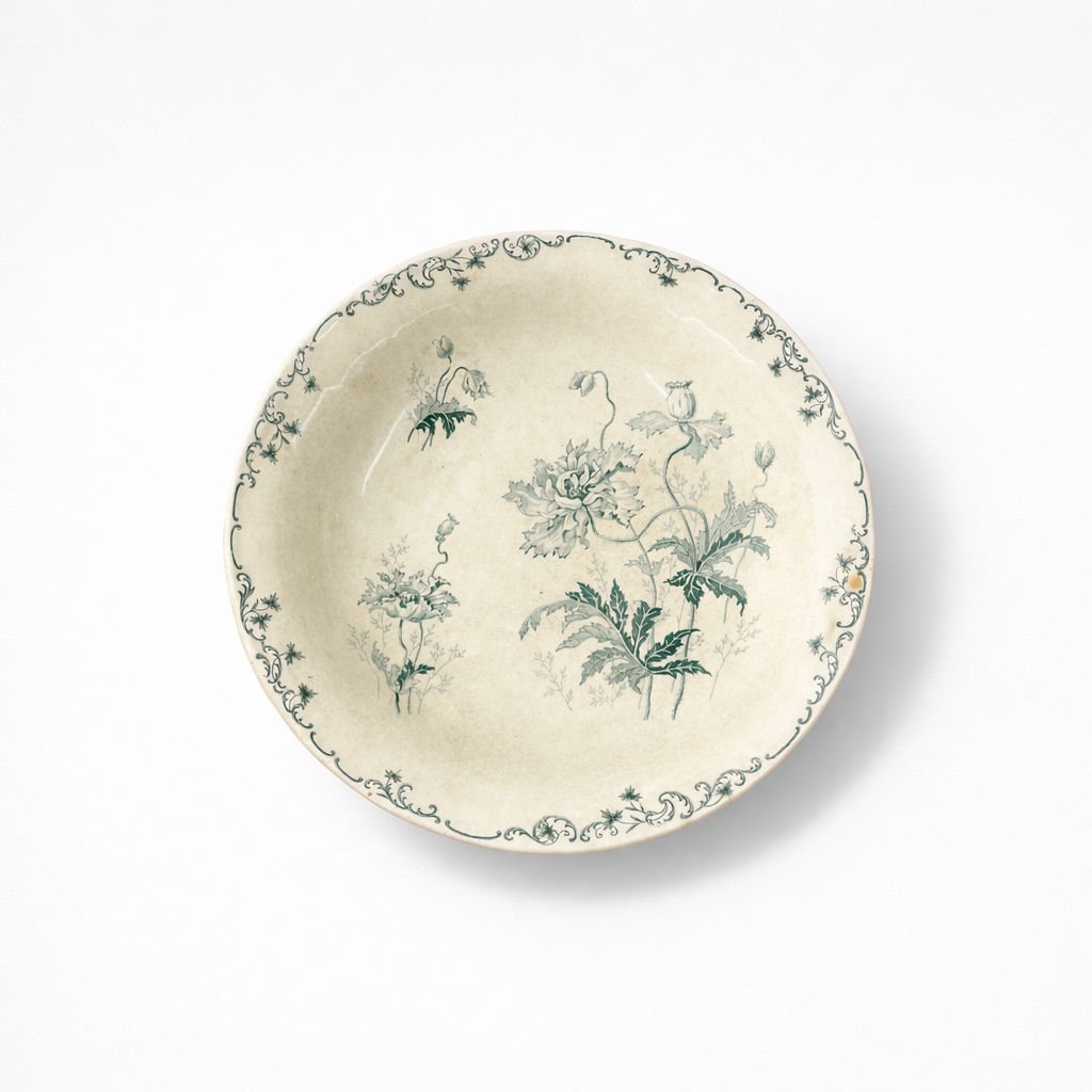 compotier en faïence terre de fer H. Boulenger & Cie modèle Pavots décors fleurs et acanthes H 16 x D 27,4 cm