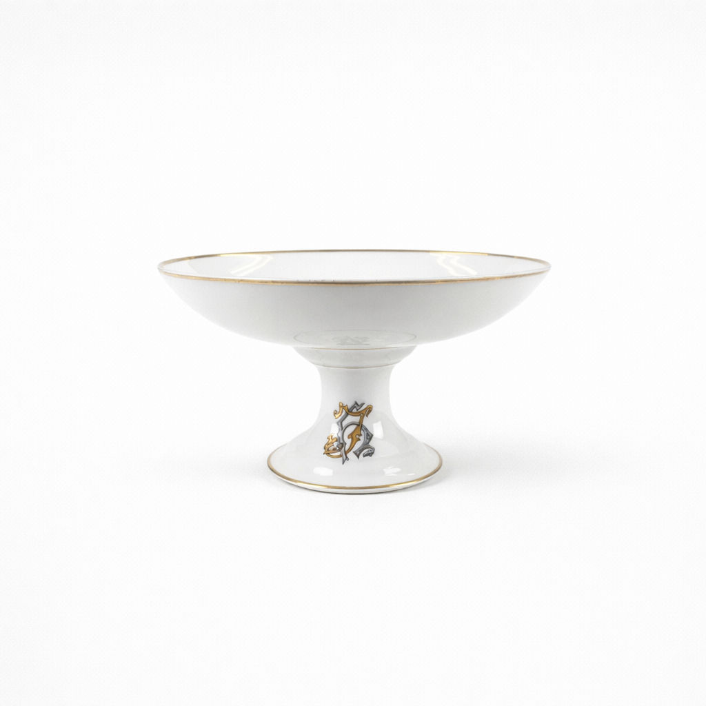 présentoir en porcelaine blanche J. Mansard à bordure dorée chiffrée monogrammé JH H 5 x D 23 cm