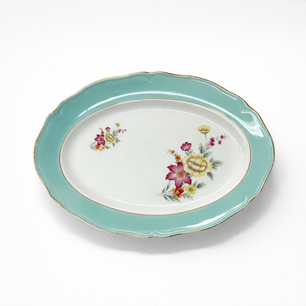 plat ovale en faïence blanche bord Régence turquoise filets dorés décor fleurs rose et jaune L 37,5 x P 27 cm