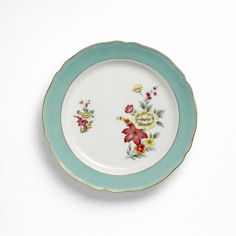 plat rond en faïence blanche bord Régence turquoise filets dorés décor fleurs rose et jaune D 29 cm