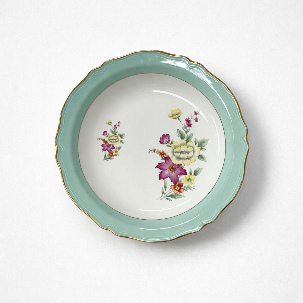 plat rond creux en faïence blanche bord Régence turquoise filets dorés décor fleurs rose et jaune H 4 x D 29 cm