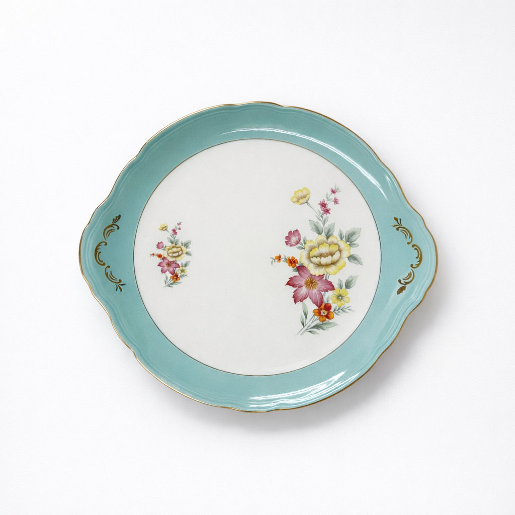 plateau en faïence blanche bord Régence turquoise filets dorés décor fleurs rose et jaune L 33 x D 29,5 cm