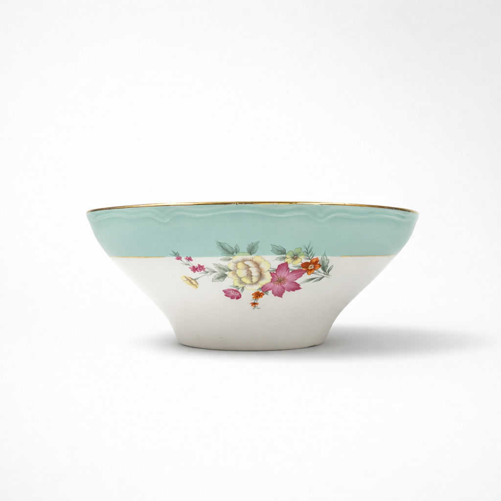 saladier en faïence blanche bord Régence turquoise filets dorés décor fleurs rose et jaune H 10 x D 26 cm