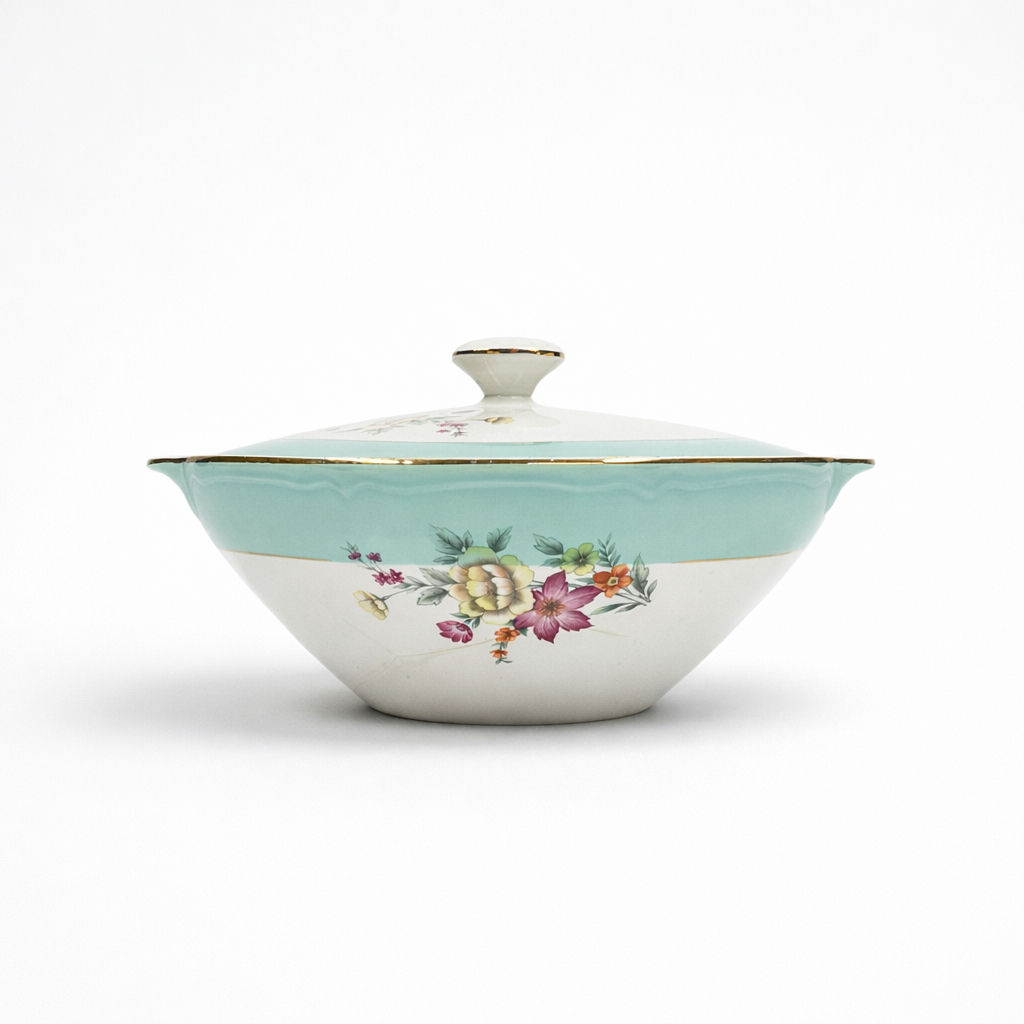 soupière en faïence blanche bord Régence turquoise filets dorés décor fleurs rose et jaune avec couvercle plat fretel godron H 14 x L 30 x D 27,5 cm