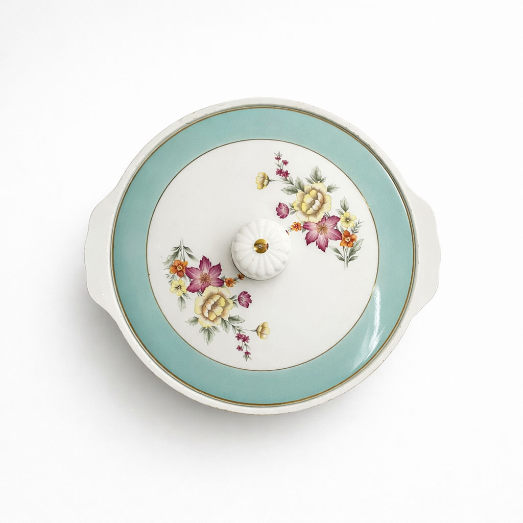 soupière en faïence blanche bord Régence turquoise filets dorés décor fleurs rose et jaune avec couvercle plat fretel godron H 14 x L 30 x D 27,5 cm