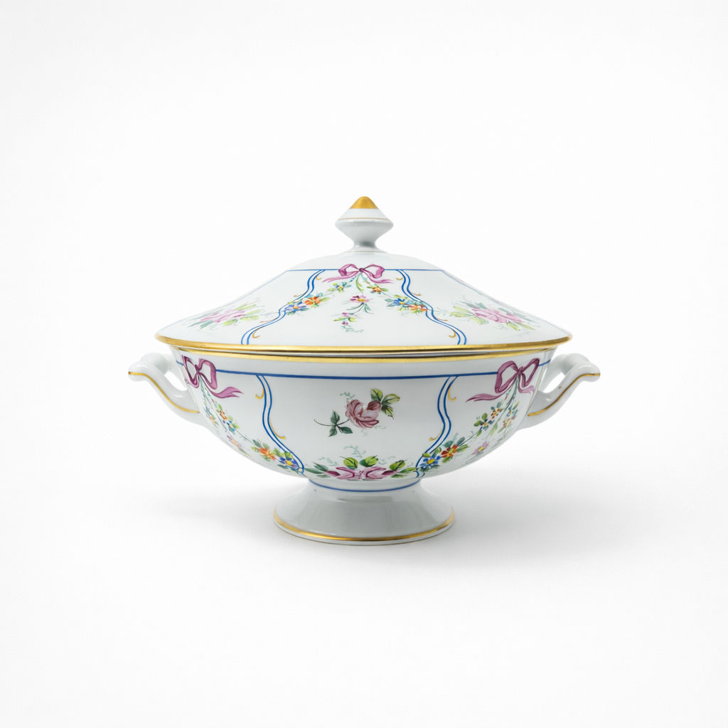 soupière en porcelaine Limoges à décor de noeuds guirlande de fleurs et liseré doré H 23 x L 32,5 x D 28 cm