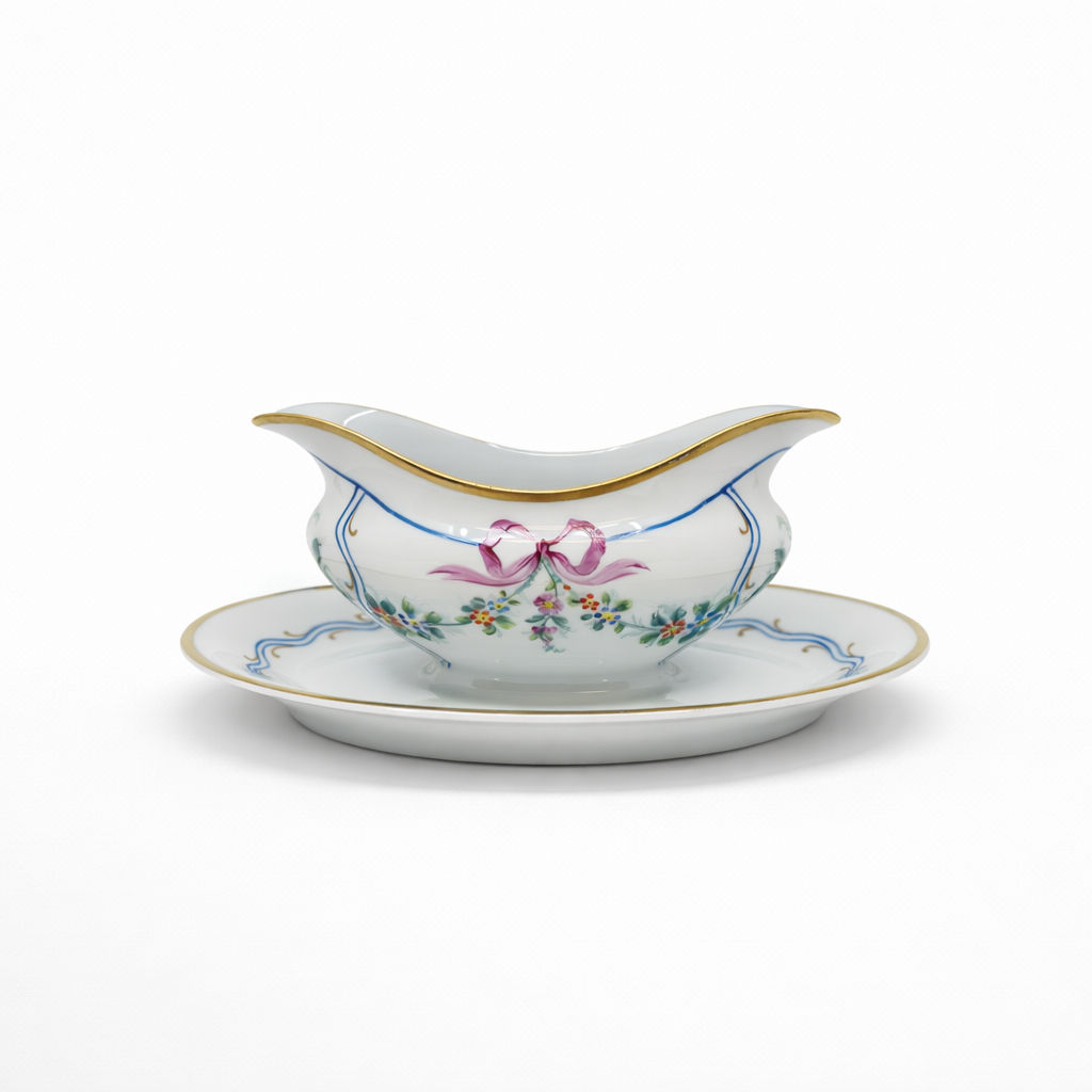 saucière en porcelaine Limoges à décor de noeuds guirlande de fleurs et liseré doré H 9 x L 23 x P 15,3 cm