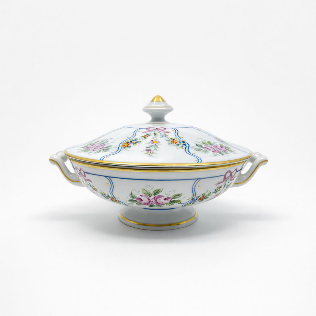 légumier en porcelaine Limoges à décor de noeuds guirlande de fleurs et liseré doré H 15 x L 26 x D 22 cm