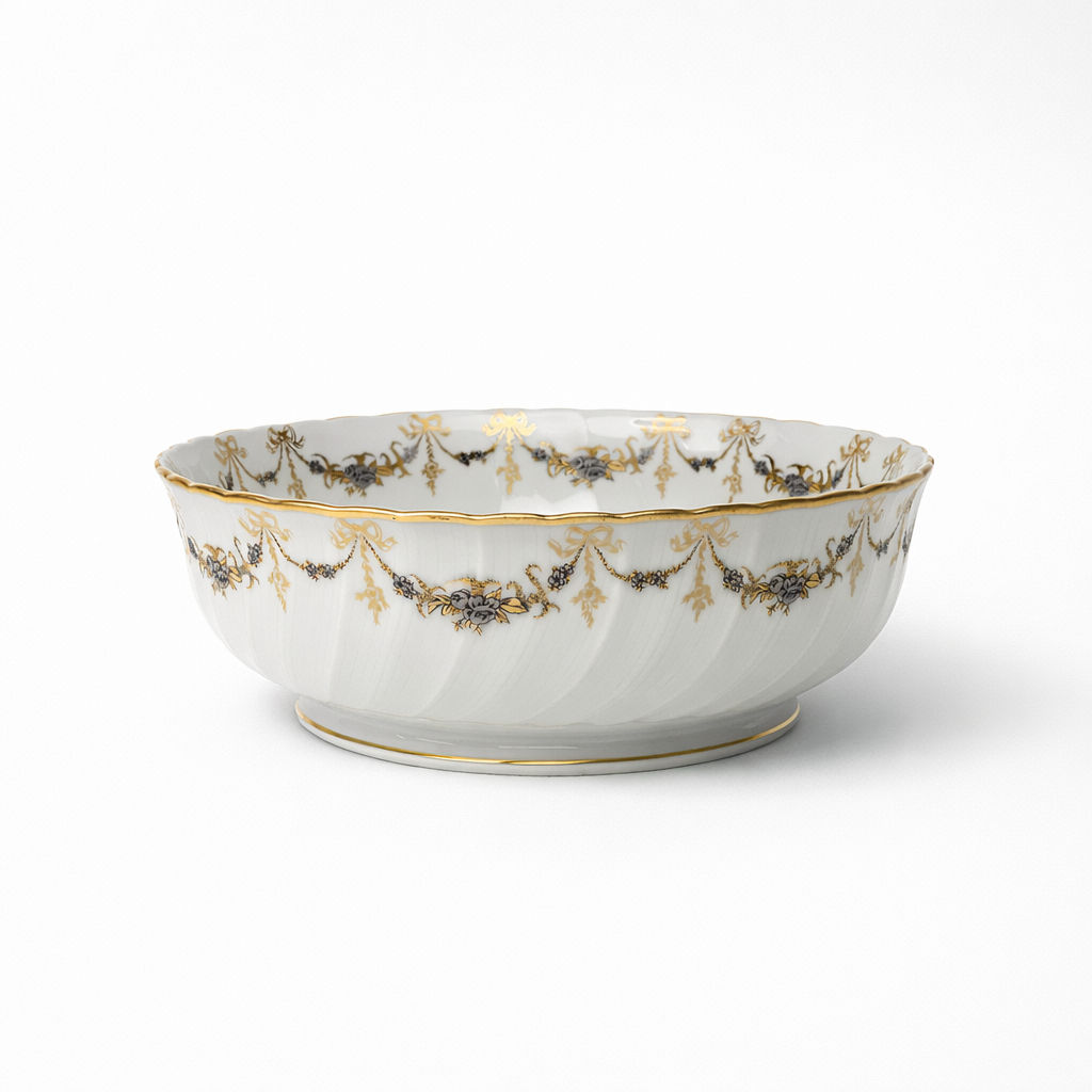 saladier sur piédouche en porcelaine Bernardaud modèle Marie-Thérèse fond blanc décor doré et argenté noeuds et guirlandes H 9 x D 26,5 cm